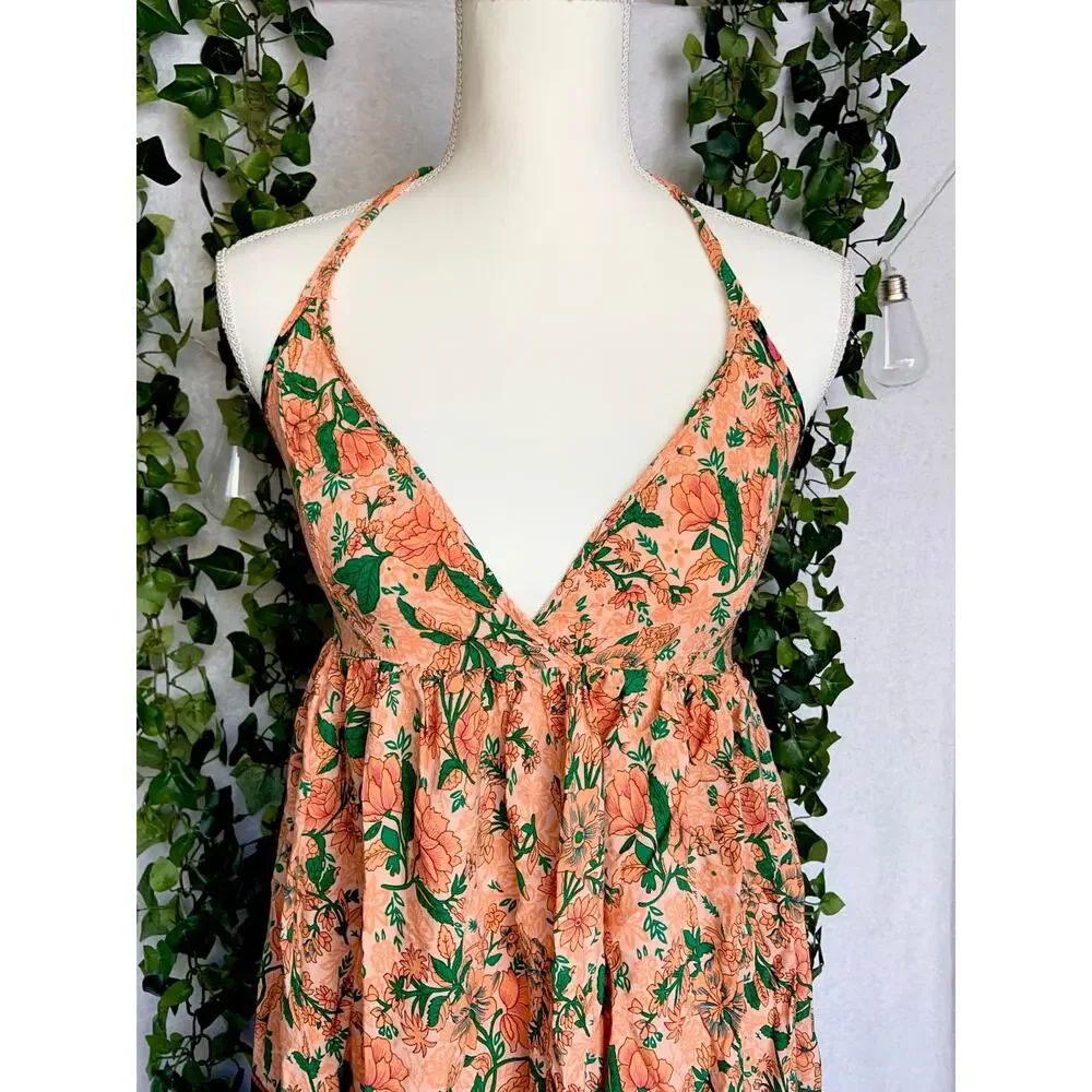 Boho Rayon Orange Teal Floral Halter Tie Empire Waist Mini Dress Women's Small - Picture 4 of 11